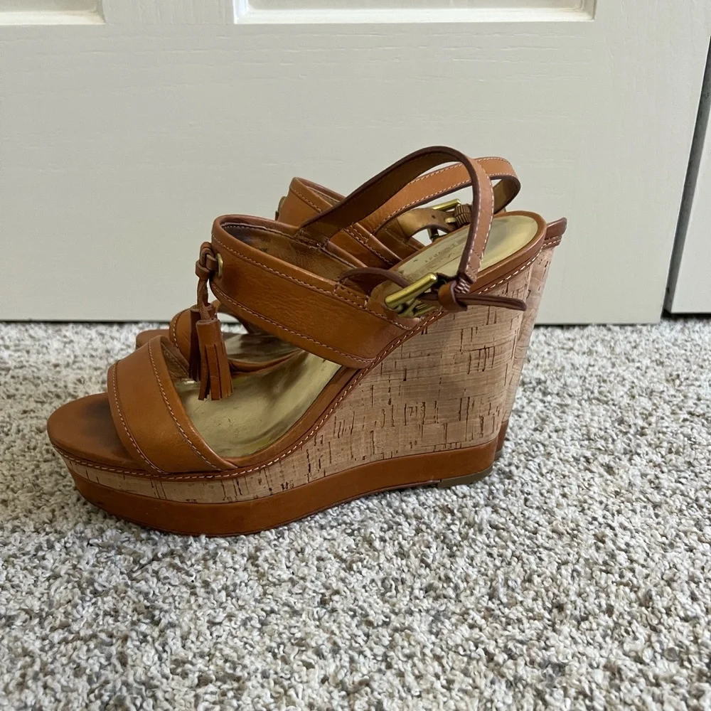 Women's Tan Tassel Cork Wedge Sandals - Picture 3 of 6